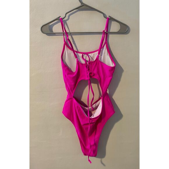 Hot Pink Cut-Out One-Piece Swimsuit Sz M – Tie-Back & Adjustable Straps - Picture 2 of 3